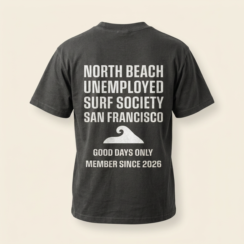Charcoal men's tee with white North Beach Surf Society graphic, back