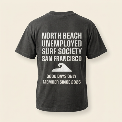 Charcoal men's tee with white North Beach Surf Society graphic, back