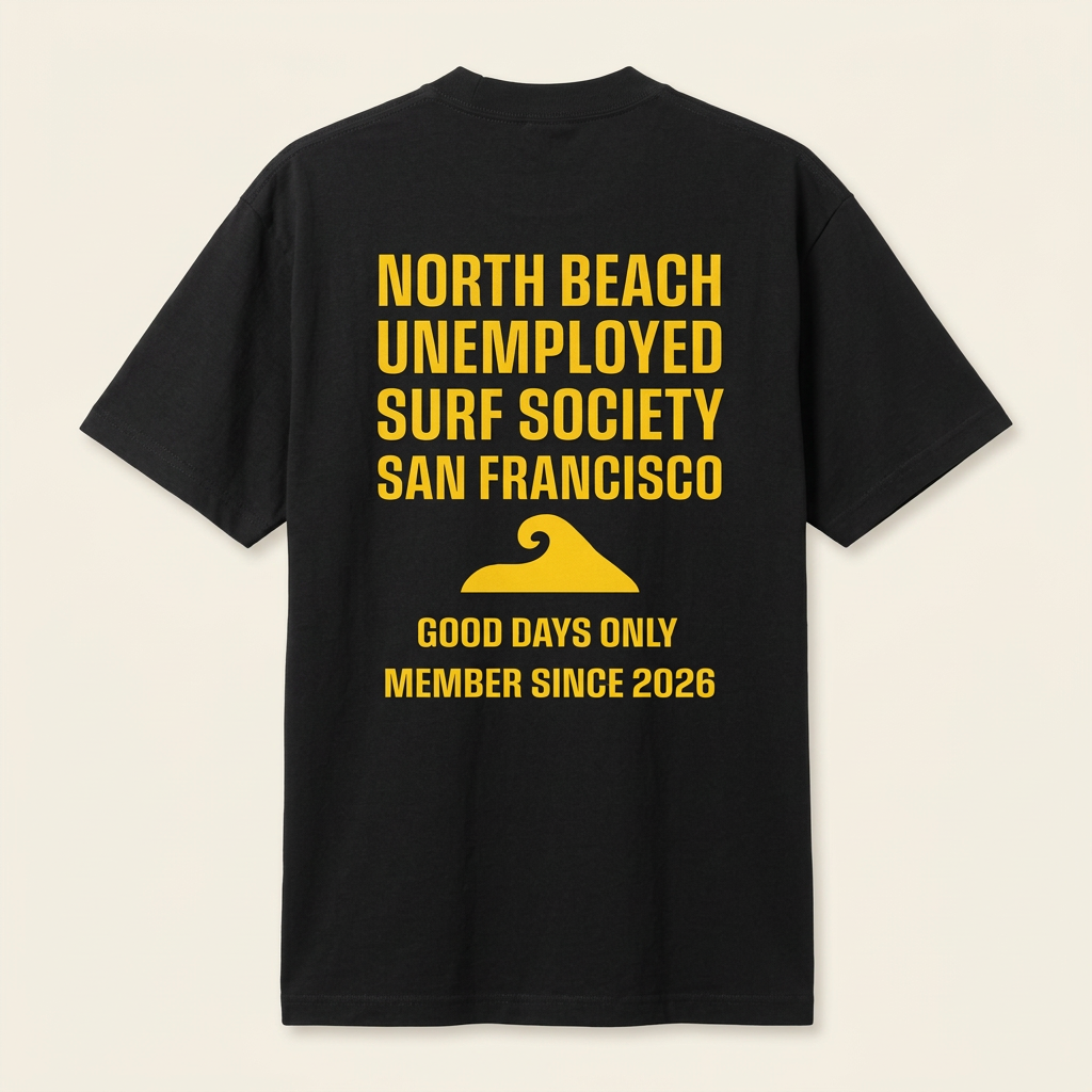 Black men's tee with yellow North Beach Surf Society graphic, back