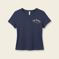 Navy women's tee with cream The Beach chest logo, front