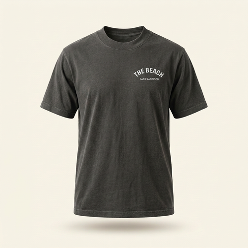 Charcoal men's tee with white The Beach chest logo, front