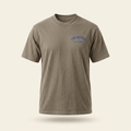 Taupe men's tee with blue The Beach chest logo, front