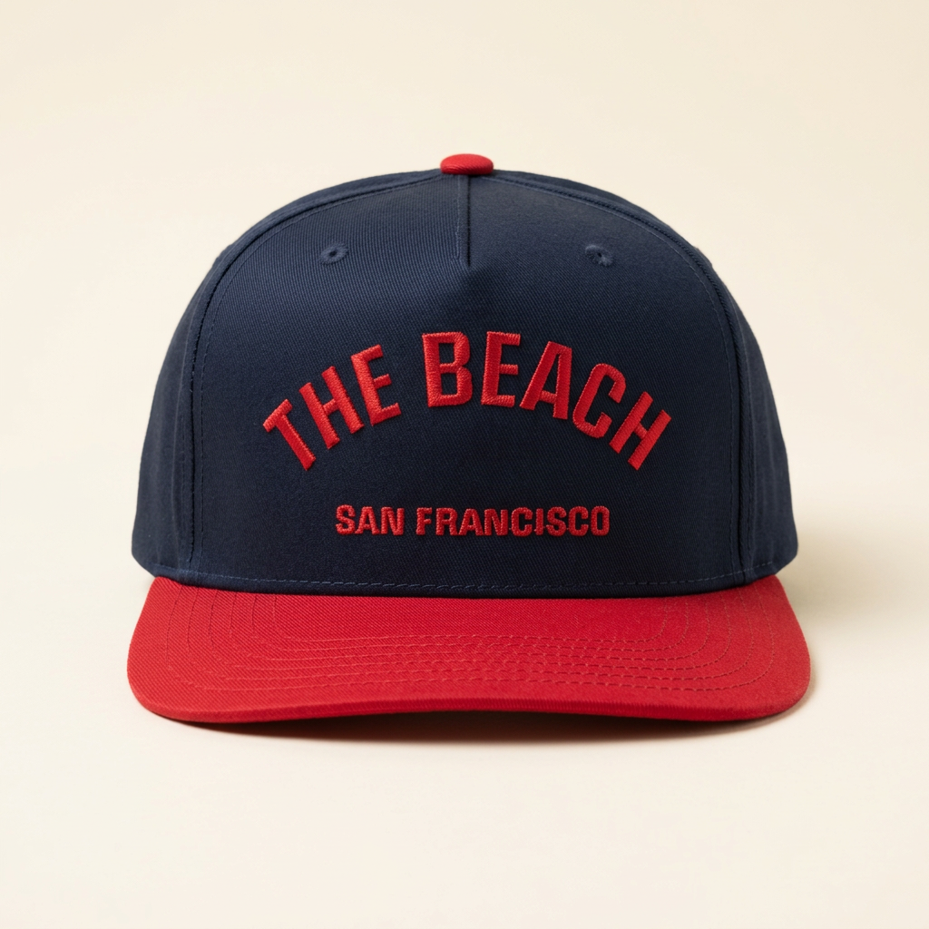 The Beach SF navy and red hat on an off-white background