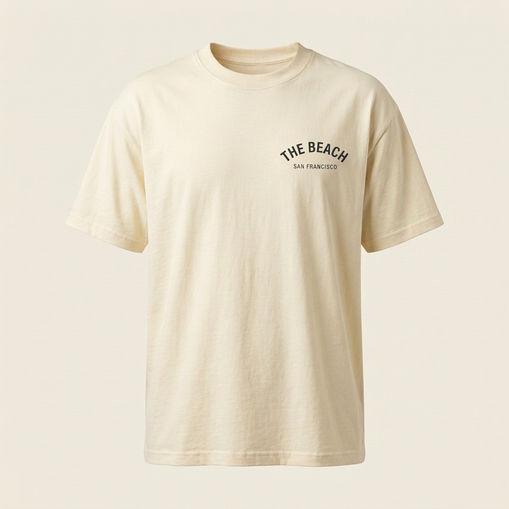 Cream men's tee with dark The Beach chest logo, front