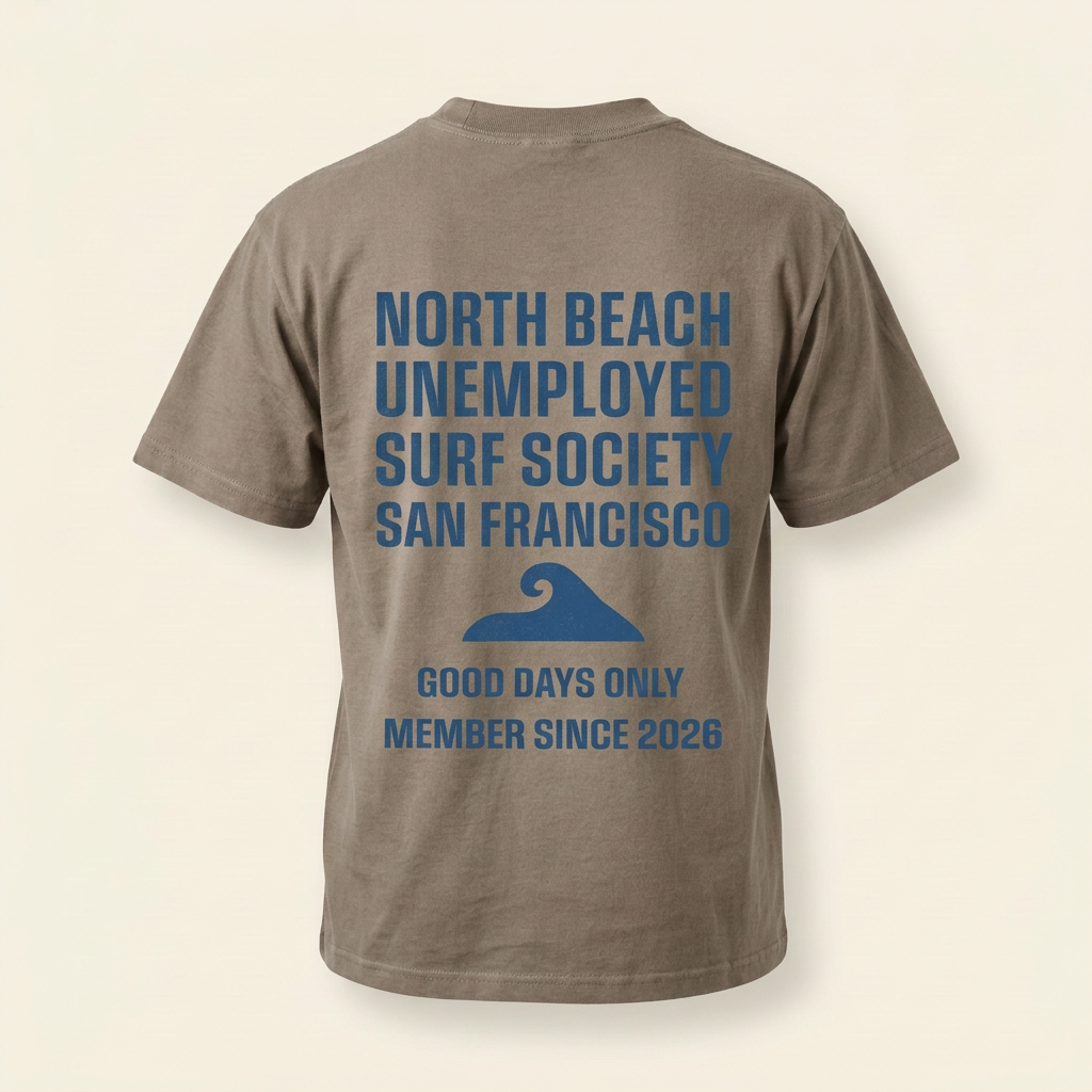 Taupe men's tee with blue North Beach Surf Society graphic, back