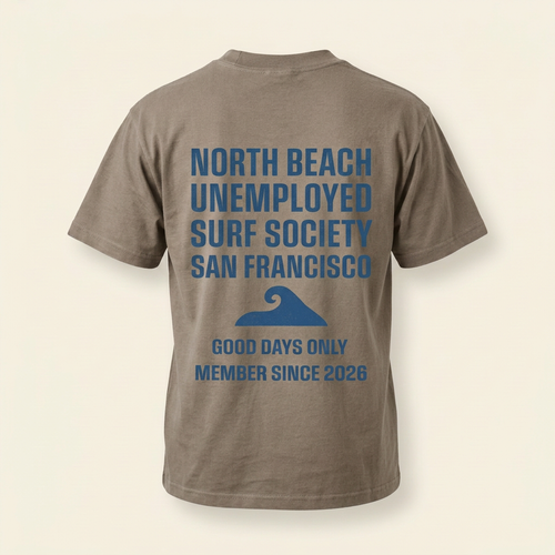 Taupe men's tee with blue North Beach Surf Society graphic, back